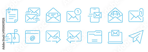 Minimalist line email icon set with editable stroke featuring inbox, message, envelope, notification, mailing, and interface symbols. Contact line editable icon set. Envelope icons