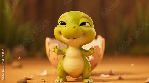 Hatching happiness a cartoon dinosaur emerges from its egg animated background and cute expression perfect for childrens content