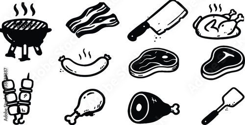 Hand Drawn BBQ Icon Set Featuring Grilled Meat Steaks Sausages Chicken and Barbecue Tools for Restaurant Menu Design and Summer Grilling Graphics