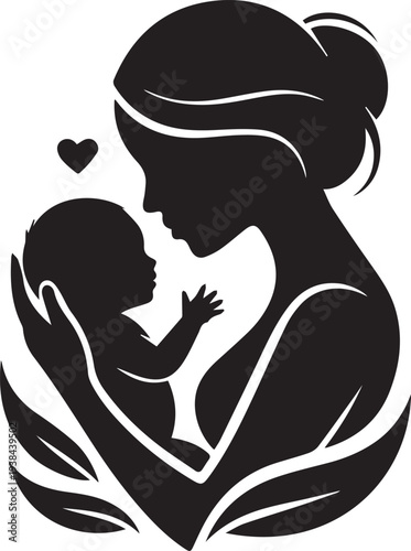 mother gently cradling her baby, with a prominent red heart symbolizing profound maternal love, care, and the enduring family bond