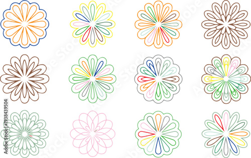 Collection of colorful flower designs with multiple petals and lines on white background