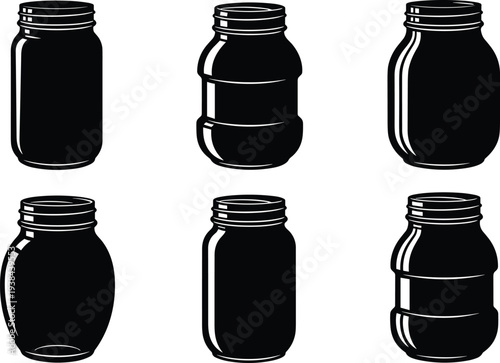 Mason jar icon set featuring various glass container silhouettes for food storage canning preserves kitchen organization product packaging and DIY home craft projects isolated on white background