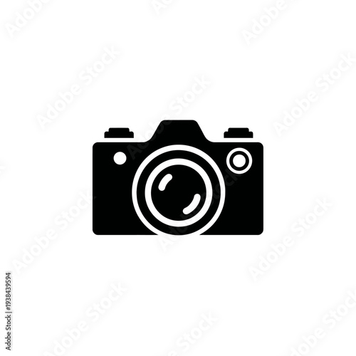 A simplified silhouette of a modern digital camera with a large lens centered