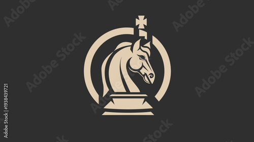 Stylized illustration of a chess knight piece, horse head, encircled, beige on gray