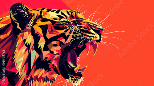 Vibrant tiger illustration roaring with open mouth against solid background