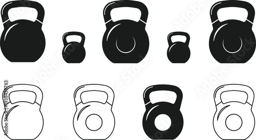Kettlebell weight icons set in black solid and outline styles for gym fitness crossfit training bodybuilding strength workout and athletic health sports equipment isolated on white background
