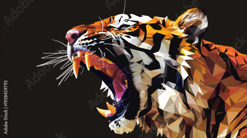 Roaring tiger in polygonal style on black background graphic