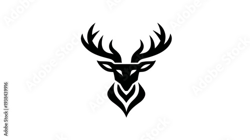 Minimalist black deer head with elaborate antlers, facing forward, on white
