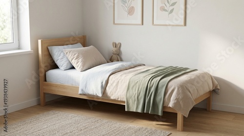 Serene and minimalist wooden single bed setup in a modern bedroom, featuring natural light, neutral bedding, and simple wall art for a calming sleep space