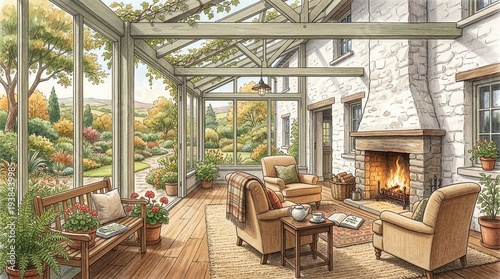 Cozy sunroom with fireplace and garden view, perfect for relaxation and enjoying nature's beauty