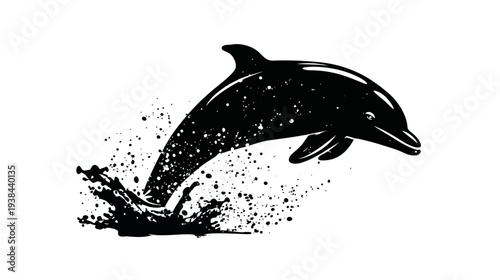 Black dolphin leaping from water, stylized with splatters on white background