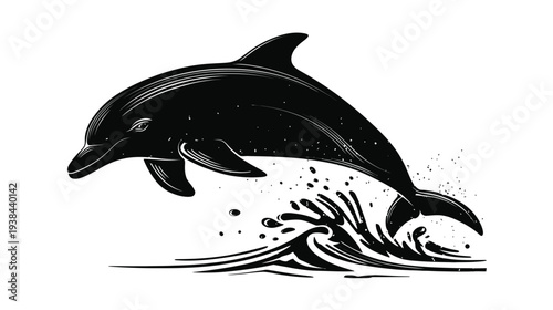Monochrome dolphin silhouette jumps high over splashing ocean waves in stylized graphic design