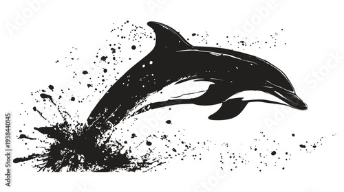 Black silhouette of dolphin leaping from the water, depicted with splatters and spots