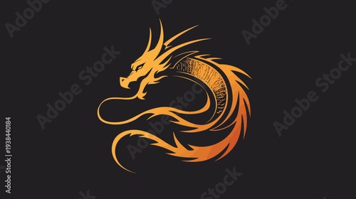 Stylized golden dragon, curled shape, sharp lines, on dark background, fierce look