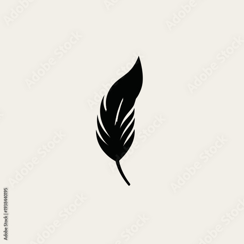 Simple minimalist illustration of a black feather on a light beige background