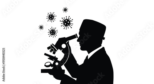Scientist examining microbes with a microscope a striking black silhouette