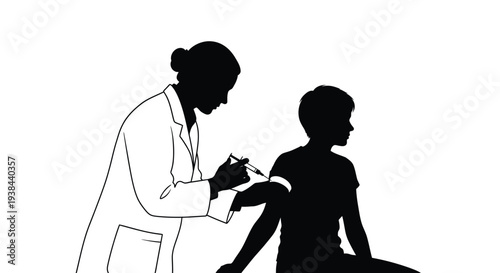 Doctor administering a vaccine to a young patient black and white silhouette
