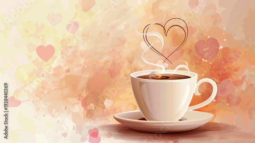 Coffee cup steam heart shape artwork elegant design romance concept