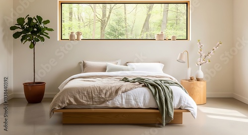 Serene bedroom retreat with minimalist decor and tranquil woodland view