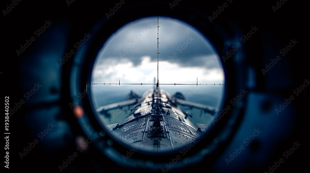 Fototapeta premium Aircraft viewpoint targeting with weapons sight aiming high in sky