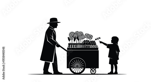 A candy vendor and child point at sweets a striking black silhouette