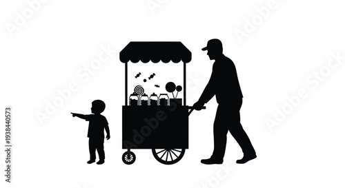A vendor s candy cart with a child pointing all in black silhouette