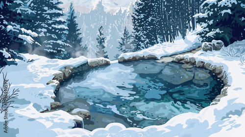Winter landscape scene with a natural hot spring surrounded by snow