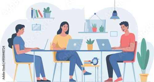 Three people collaborating on laptops in a modern brightly lit office space