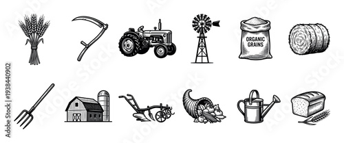 Set of vintage farming and agriculture icons in a black and white engraving style, featuring a tractor, barn, wheat, scythe, windmill, and other rustic rural elements