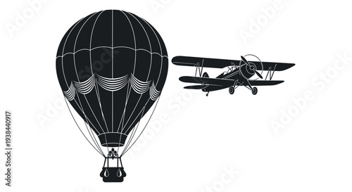 Hot air balloon and biplane fly together in a striking silhouette