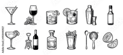 Large set of alcoholic drinks and bartender tools in a vintage black and white engraving style, including cocktails, wine, whiskey, shaker, jigger, and various glassware