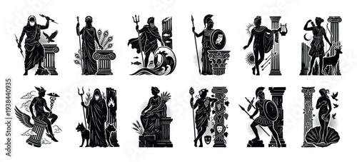 Collection of twelve ancient Greek gods and goddesses depicted as black graphic icons in a distressed, woodcut style with their associated mythological symbols and attributes