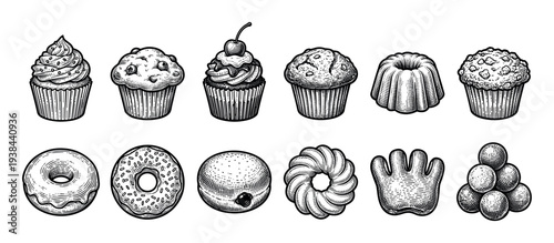 Set of sweet baked goods including cupcakes, muffins, donuts, and cakes drawn in a detailed black and white vintage engraving illustration style