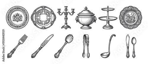 Vintage tableware set with ornate silver cutlery, decorative plates, a candelabra, and a tureen in a detailed black and white engraving style illustration for elegant dining