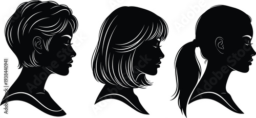 Female hairstyle silhouette vector illustration profiles, short layered hair, medium bob with bangs, long ponytail design, fashion beauty style, graphic art collection