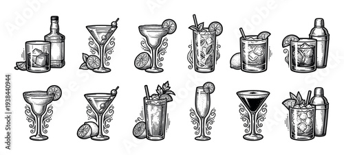 Set of twelve alcoholic cocktail illustrations in a detailed black and white vintage engraving style, showing different glasses, shakers, and garnishes like lime and mint