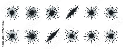 Set of black and gray bullet hole illustrations with various cracks and shatters in a graphic cartoon style representing impact, damage, and destruction on a surface