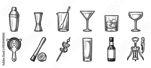 Vintage set of bar tools and cocktail glasses for mixology, including a shaker, jigger, strainer, and muddler, depicted in a classic black and white engraving illustration style