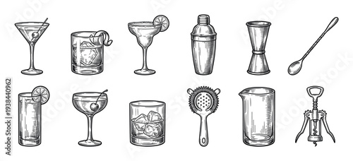 Hand-drawn vintage barware and cocktail set including a martini, margarita, shaker, and jigger, all rendered in a detailed black and white sketch engraving style