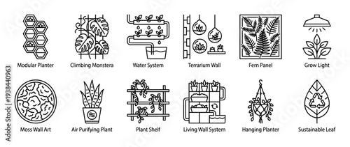 Twelve black outline icons for indoor plants and vertical gardening systems, including hydroponics, living walls, and terrariums, presented in a clean, minimalist style