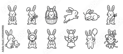 Cute hand-drawn bunny rabbit character collection showing various activities and emotions for the spring holiday, depicted in a simple black and white outline doodle style