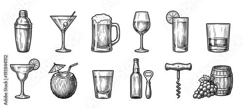Set of vintage alcohol drink illustrations including beer, wine, cocktails, and bar equipment in a hand-drawn black and white engraving style for a pub or restaurant menu design