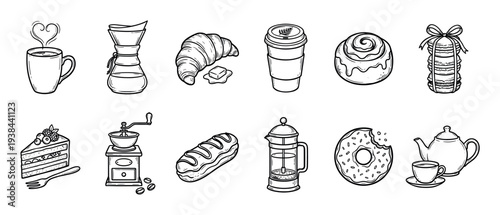 Hand-drawn black and white coffee and dessert icons collection featuring a croissant, donut, cake, macarons, and various brewing equipment like a french press and grinder