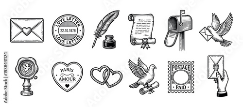 Vintage love letter and mail icon set with an envelope, quill, scroll, pigeon, and mailbox in a detailed black and white engraving style for romantic correspondence