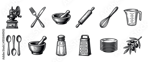 Set of vintage kitchen utensils and cooking tools drawn in a classic black and white engraving style, including a grinder, grater, whisk, rolling pin, and mortar with pestle