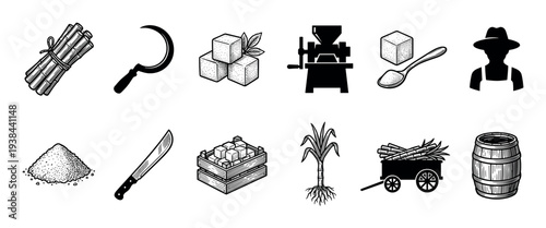 Sugarcane production and sugar processing icon set showing the plant, harvesting tools, mill, farmer, and final products in a vintage black and white engraving and silhouette style