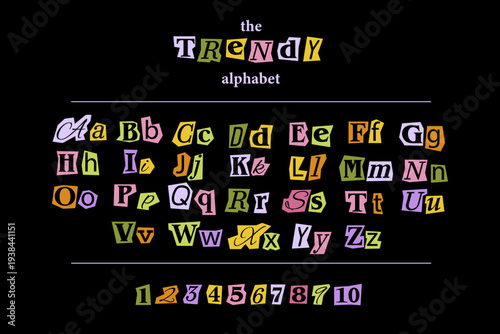 Trendy colorful magazine cutout alphabet set. Collage letters and numbers made from newspaper pieces. Anonymous ransom style typography for posters, detective themes, scrapbooking and creative design