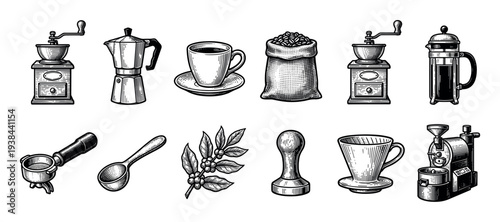 Detailed set of coffee brewing icons drawn in a vintage engraving style, showcasing equipment like a grinder, moka pot, French press, portafilter, roaster, and coffee beans