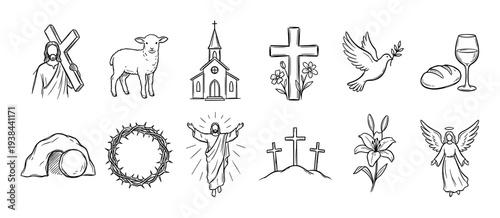 Collection of hand-drawn Christian religious symbols in a simple black and white doodle style, featuring Jesus, the cross, a lamb, an angel, and Easter icons like the empty tomb