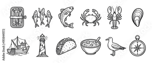 Set of hand-drawn nautical icons featuring seafood like fish, crab, lobster, and maritime symbols including a boat, lighthouse, and compass in a black and white line art style